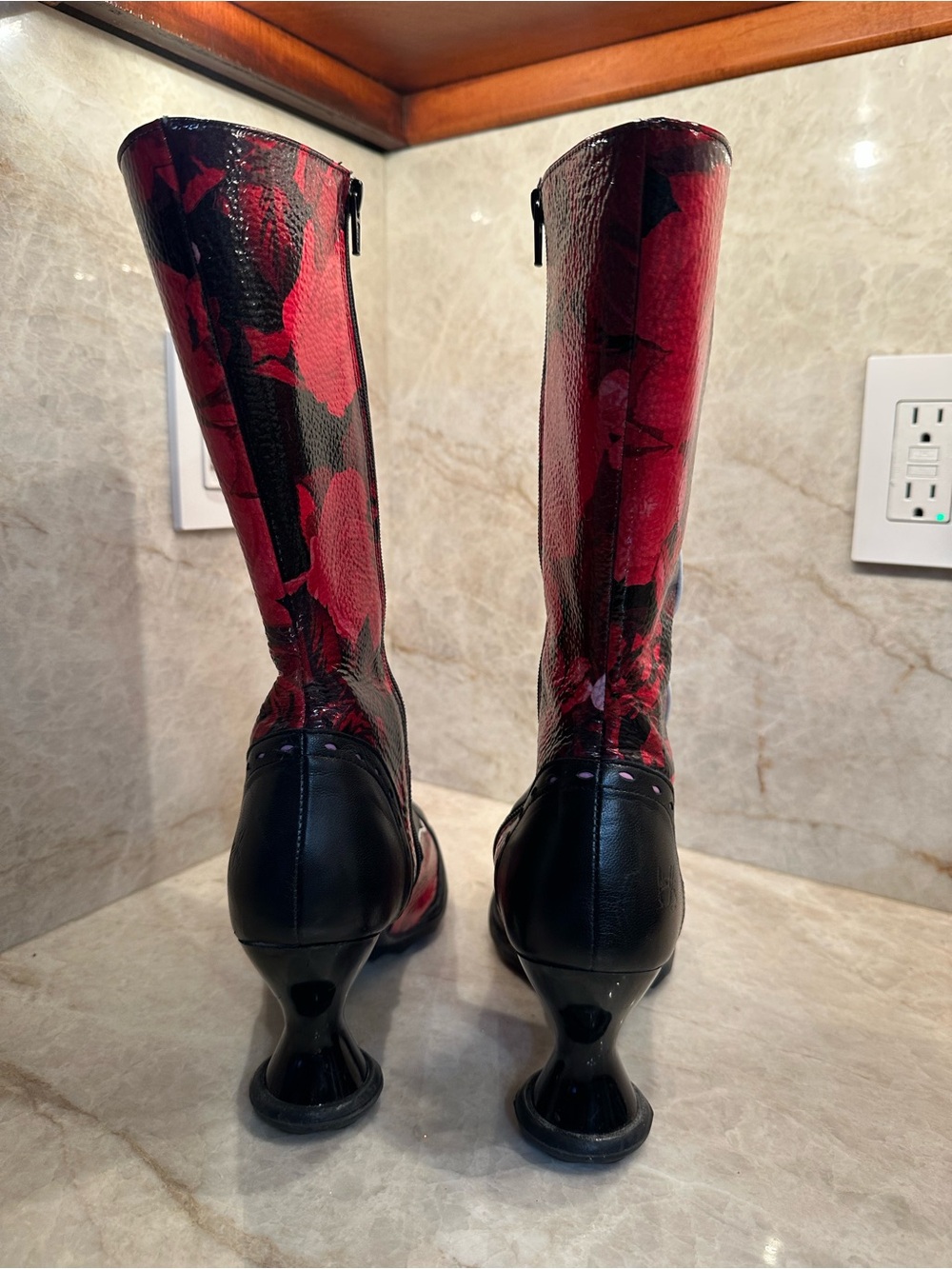 Fluevog Babycakes. Black and Red Floral — Women's Statement Boots - Picture 7 of 12